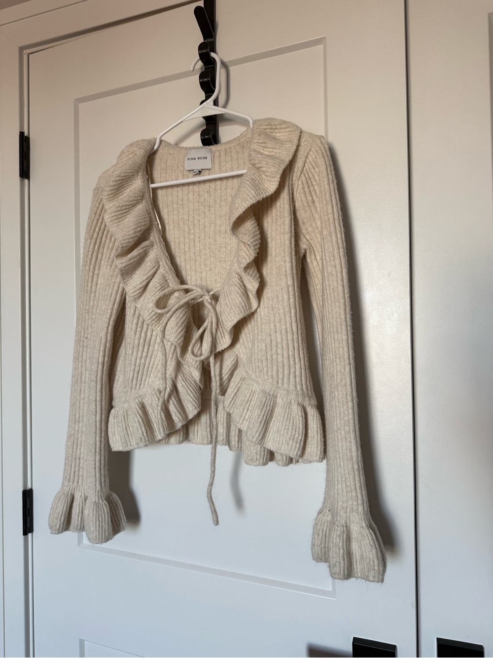 Pink Rose Ruffled Tie-Front Cream Sweater